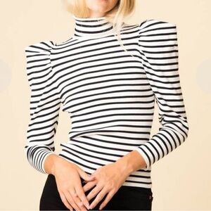 A.L.C. Baker Puffed Shoulders Black and White Striped Turtleneck Sweater
